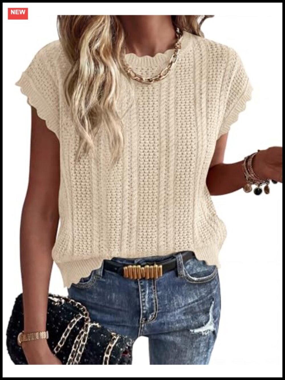 Crochet Knit Sweater Vest Short Sleeve Loose Fit Breathable Cotton Summer Top